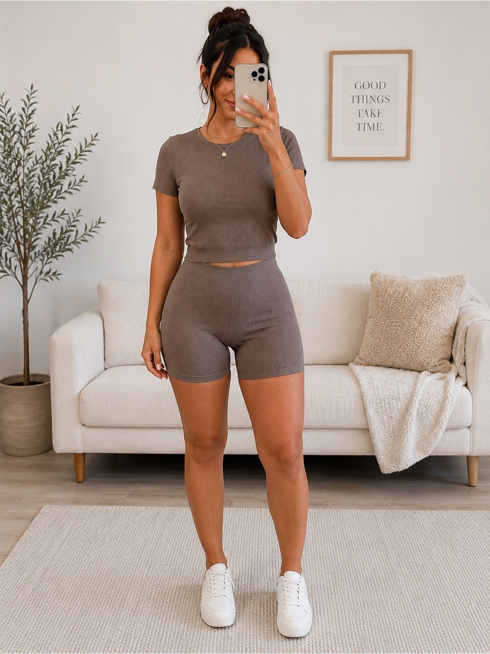 Ribbed Short Sleeve Crop Top & Biker Short Set - Taupe
